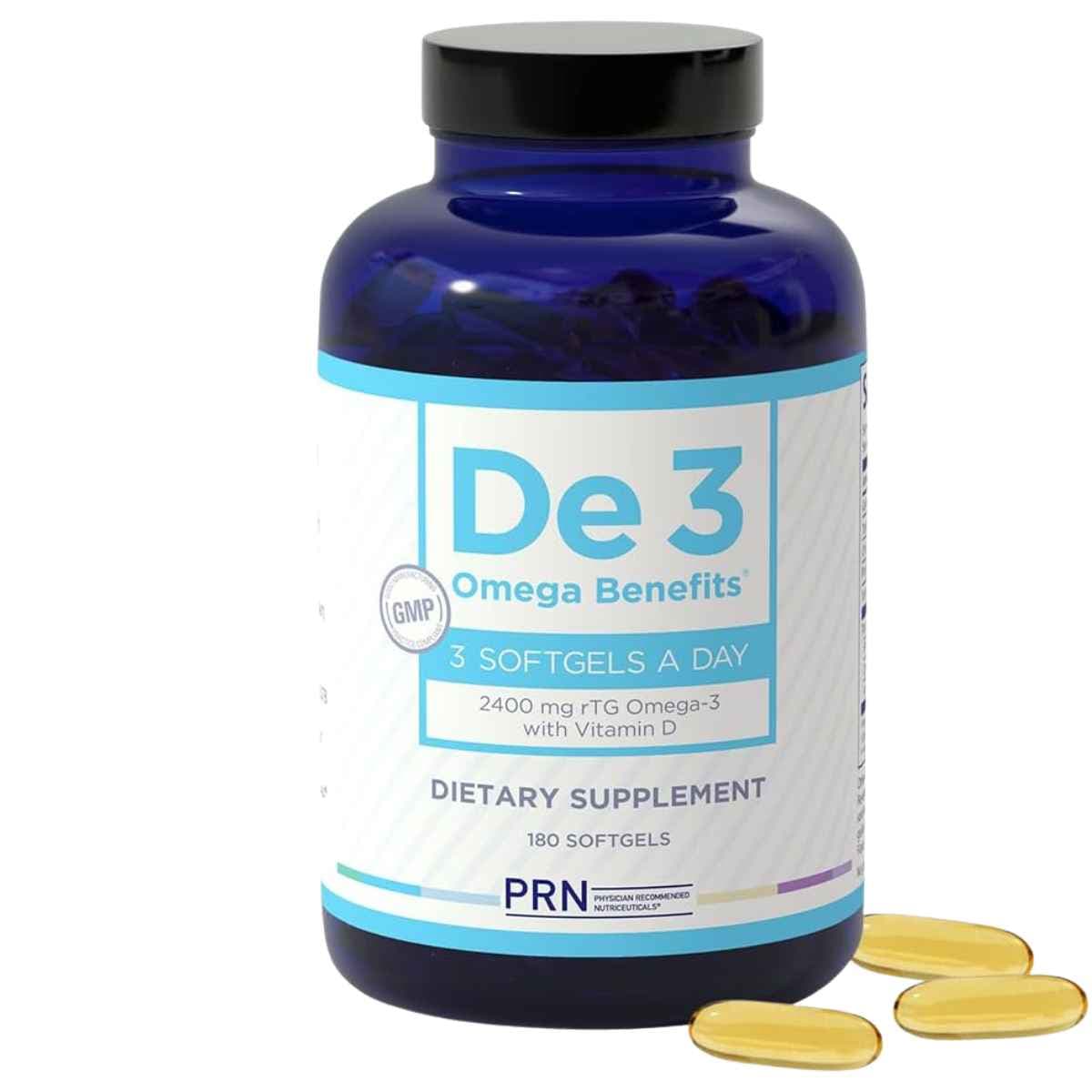 Frasco frontal de PRN De3 omega 3 con vitamina D de 2400 mg por porción y 180 cápsulas blandas.