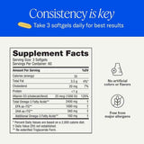 Información del suplemento de PRN De3 omega 3 con vitamina D de 2400 mg por porción y 180 cápsulas blandas.