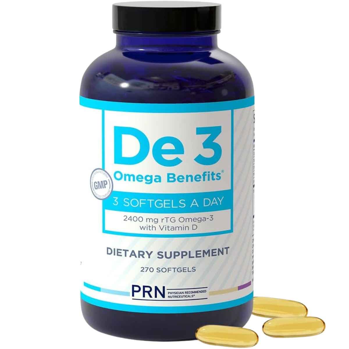 Frasco frontal de PRN De3 omega 3 con vitamina D de 2400 mg por porción y 270 cápsulas blandas.