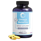 Frasco frontal de PRN Omega Benefits con vitamina D3 de 2668 mg por porción y 120 cápsulas blandas.