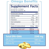 Información del suplemento de PRN Omega Benefits con vitamina D3, omega 3, EPA y DHA por porción.