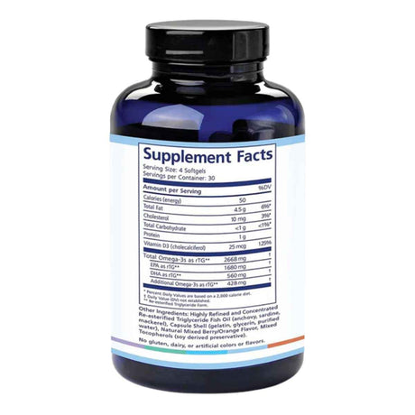 Información del suplemento de PRN Omega Benefits con vitamina D3, omega 3, EPA y DHA por porción.