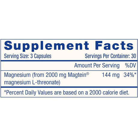 Tabla nutricional del suplemento ProHealth Longevity Brain‑Mag Pro Magnesium L‑Threonate, 90 cápsulas