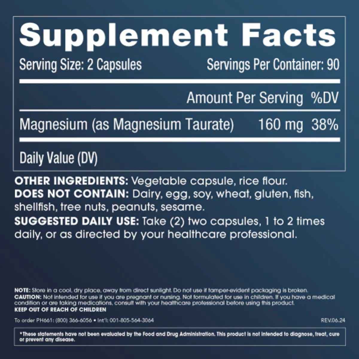 Tabla nutricional del suplemento ProHealth Longevity Taurato de Magnesio 160 mg 180 Cápsulas
