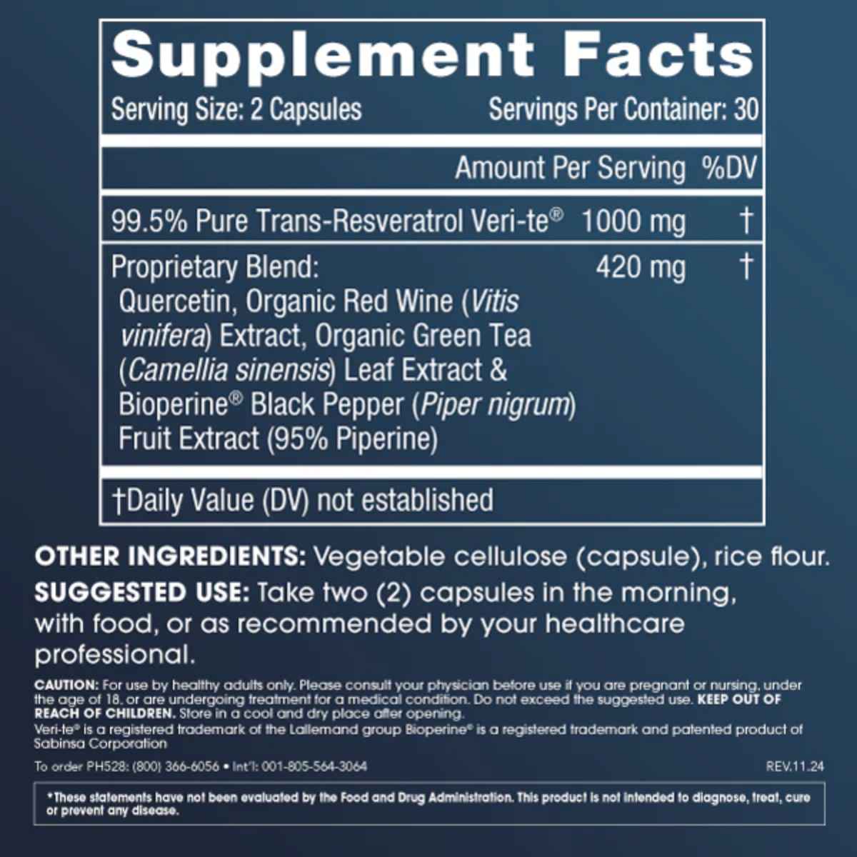 Tabla nutricional del suplemento ProHealth Longevity Trans-Resveratrol Plus 60 cápsulas