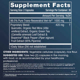 Tabla nutricional del suplemento ProHealth Longevity Trans-Resveratrol Plus 60 cápsulas