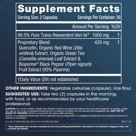 Tabla nutricional del suplemento ProHealth Longevity Trans-Resveratrol Plus 60 cápsulas