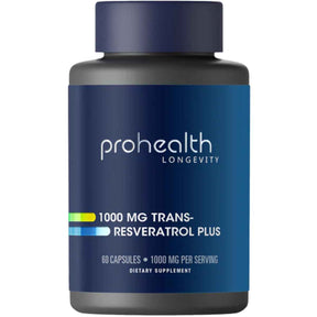 Frasco de suplemento ProHealth Longevity Trans-Resveratrol Plus 60 cápsulas