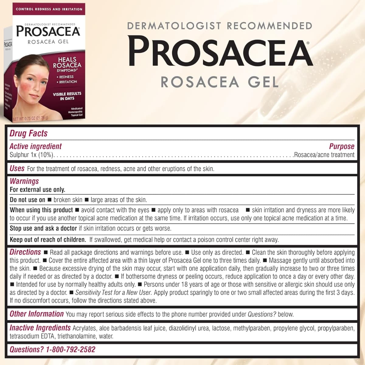 Tabla de Ingredientes y Advertencias del Gel Tópico PROSACEA para Rosácea 0.75 oz