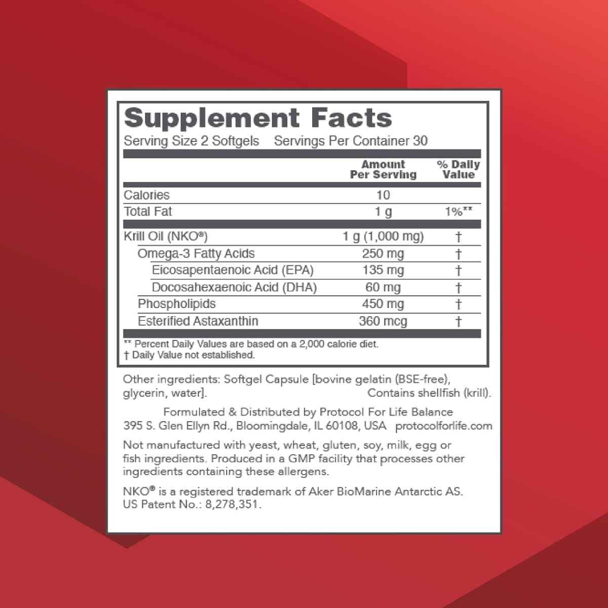 Información del suplemento de Protocol For Life Balance aceite de krill con omega 3, EPA, DHA, fosfolípidos y astaxantina.