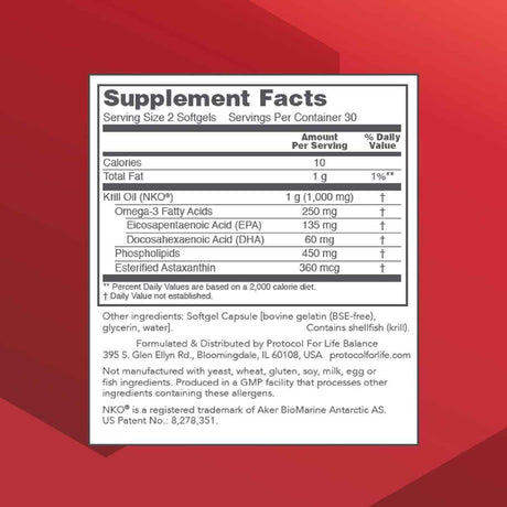 Información del suplemento de Protocol For Life Balance aceite de krill con omega 3, EPA, DHA, fosfolípidos y astaxantina.