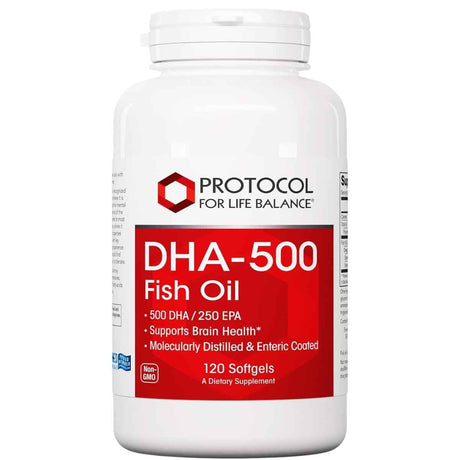 Frasco frontal de Protocol For Life Balance DHA-500 omega 3, presentación de 120 cápsulas blandas.