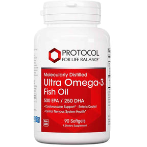 Frasco frontal de Protocol For Life Balance Ultra omega 3 con 500 mg de EPA y 250 mg de DHA, presentación de 90 cápsulas blandas.