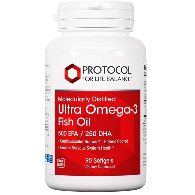 Frasco frontal de Protocol For Life Balance Ultra omega 3 con 500 mg de EPA y 250 mg de DHA, presentación de 90 cápsulas blandas.