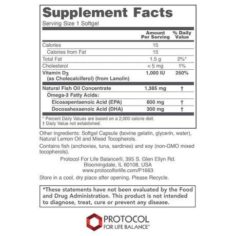 Información del suplemento de Protocol For Life Balance Ultra omega 3-D con EPA, DHA, vitamina D3 e ingredientes.