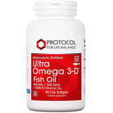 Frasco frontal de Protocol For Life Balance Ultra omega 3-D con EPA, DHA y vitamina D3, presentación de 90 cápsulas blandas.