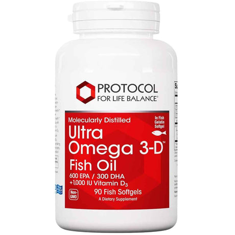 Frasco frontal de Protocol For Life Balance Ultra omega 3-D con EPA, DHA y vitamina D3, presentación de 90 cápsulas blandas.