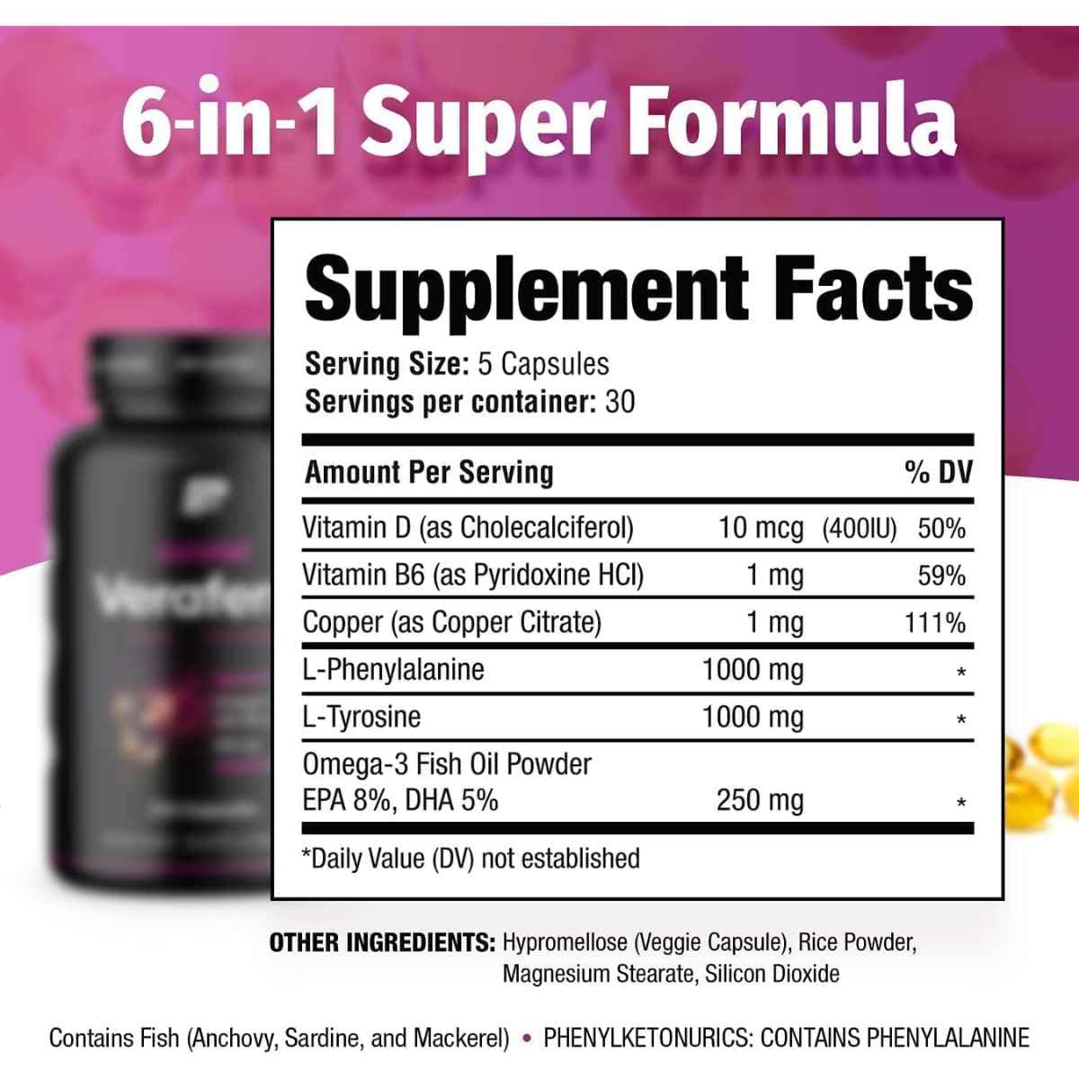 Tabla nutricional del suplemento Purafair L-Tirosina y L-Fenilalanina 150 cápsulas