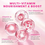 Tabla nutricional del suplemento Pure Bali Hair Vitamin 40 cápsulas detallando Vitamina A, C, E y Pro-Vit B5