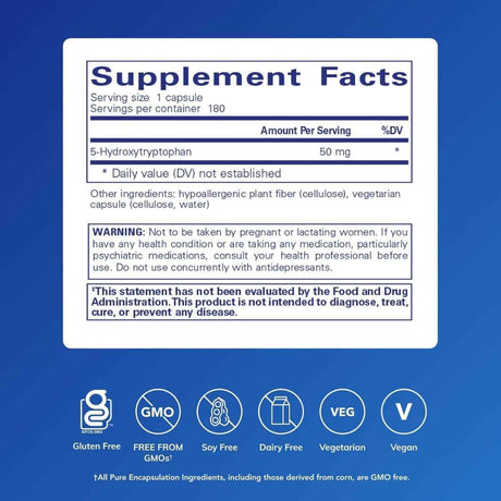 Tabla nutricional del suplemento Pure Encapsulations 5-HTP 50 mg 180 cápsulas