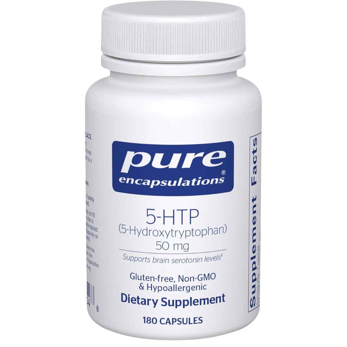Frasco de suplemento Pure Encapsulations 5-HTP 50 mg 180 cápsulas