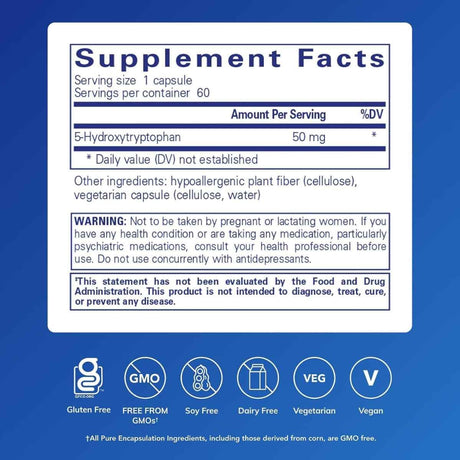 Tabla nutricional del suplemento Pure Encapsulations 5-HTP 50 mg 60 cápsulas