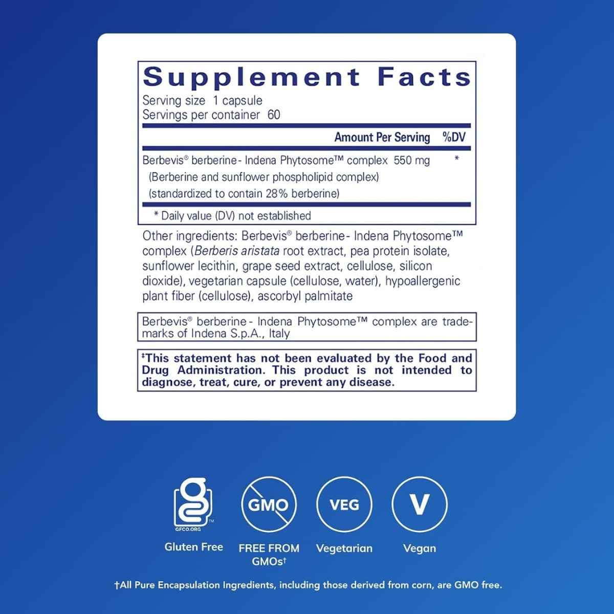 Tabla nutricional del suplemento Pure Encapsulations Berberina UltraSorb 550 mg 60 cápsulas