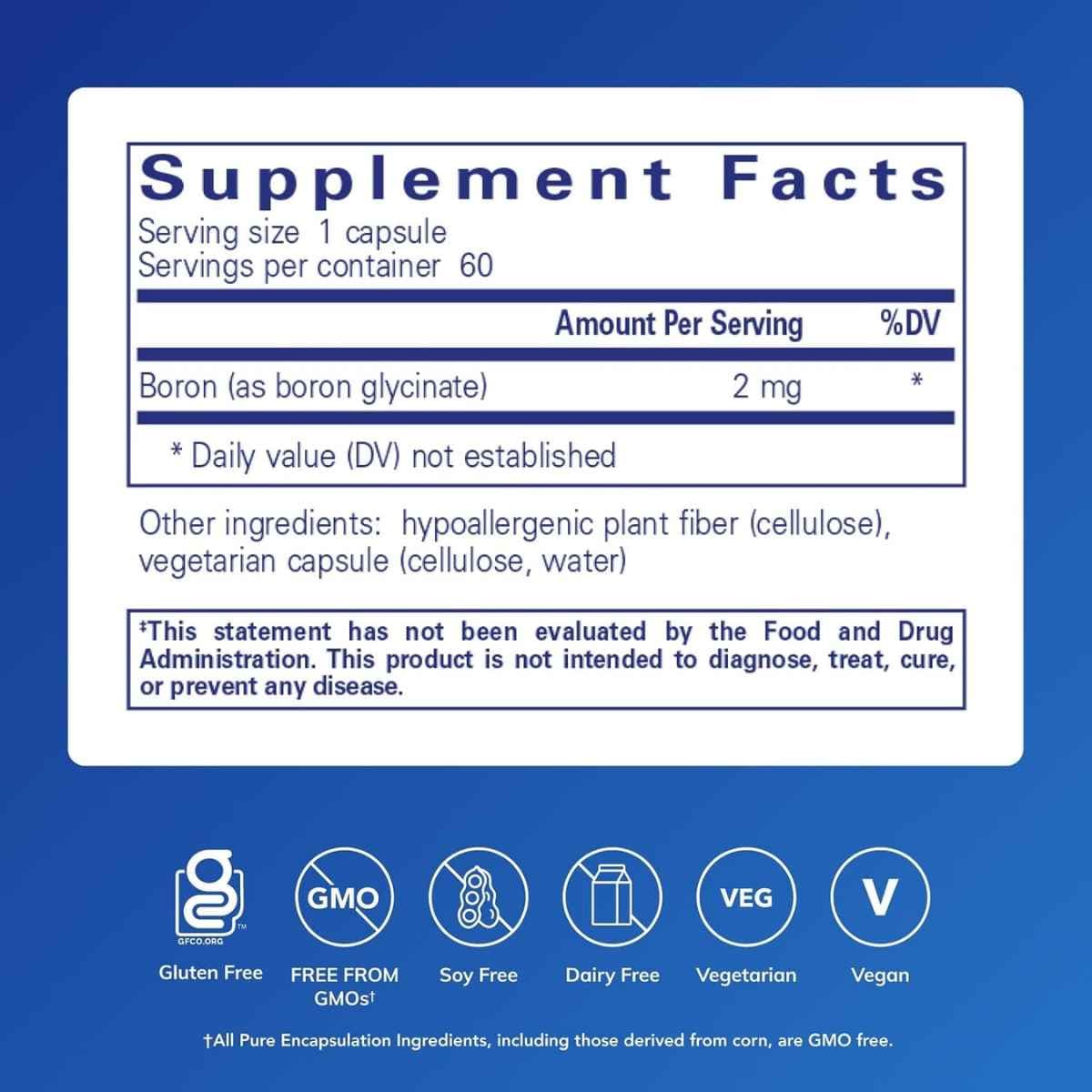 Tabla nutricional del boro glicinato Pure Encapsulations con 2 mg por porcion