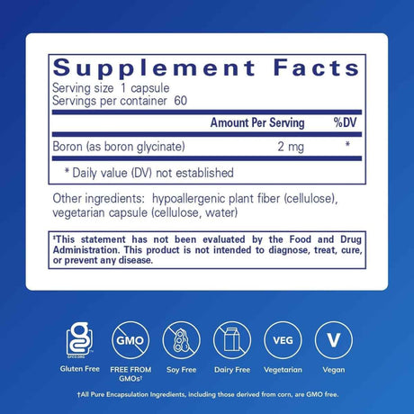 Tabla nutricional del boro glicinato Pure Encapsulations con 2 mg por porcion