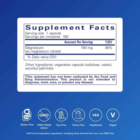 Información del suplemento Pure Encapsulations citrato de magnesio 150 mg por cápsula
