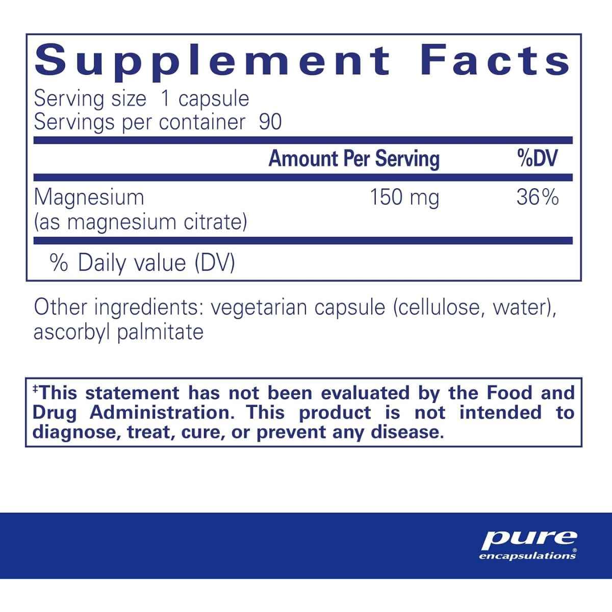 Información del suplemento Pure Encapsulations citrato de magnesio 150 mg por cápsula