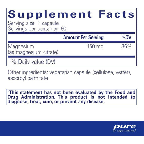 Información del suplemento Pure Encapsulations citrato de magnesio 150 mg por cápsula