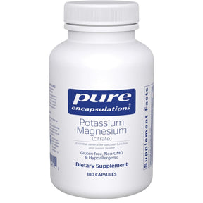 Frasco frontal de Pure Encapsulations citrato de potasio y citrato de magnesio, presentación de 180 cápsulas