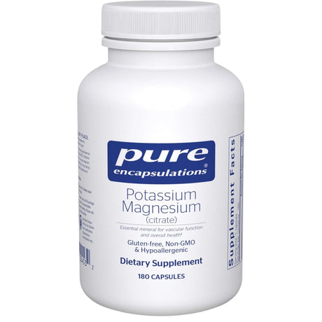 Frasco frontal de Pure Encapsulations citrato de potasio y citrato de magnesio, presentación de 180 cápsulas