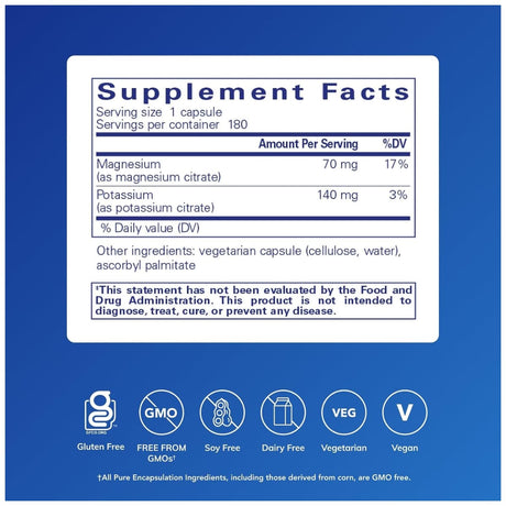 Información del suplemento de Pure Encapsulations citrato de potasio y citrato de magnesio para 180 cápsulas