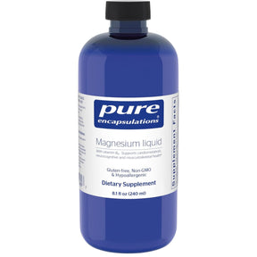 Frasco frontal de Pure Encapsulations citrato de magnesio líquido con vitamina B6, 8.1 fl oz / 240 ml.