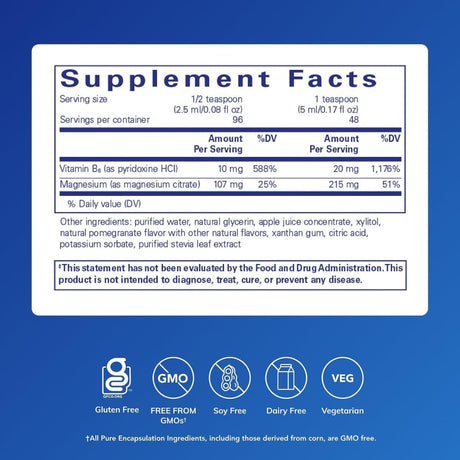 Información del suplemento de Pure Encapsulations citrato de magnesio líquido con vitamina B6, 215 mg de magnesio por porción de 5 ml.
