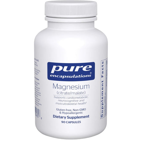Frasco frontal de Pure Encapsulations citrato y malato de magnesio 90 cápsulas.