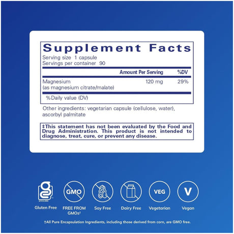 Información del suplemento de Pure Encapsulations citrato y malato de magnesio 90 cápsulas con 120 mg de magnesio por cápsula.
