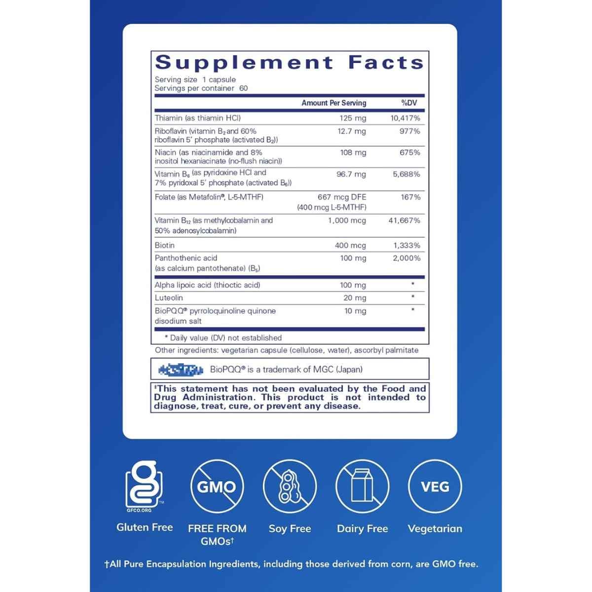 Tabla nutricional del suplemento Pure Encapsulations Complejo B Ultra con PQQ 60 Cápsulas