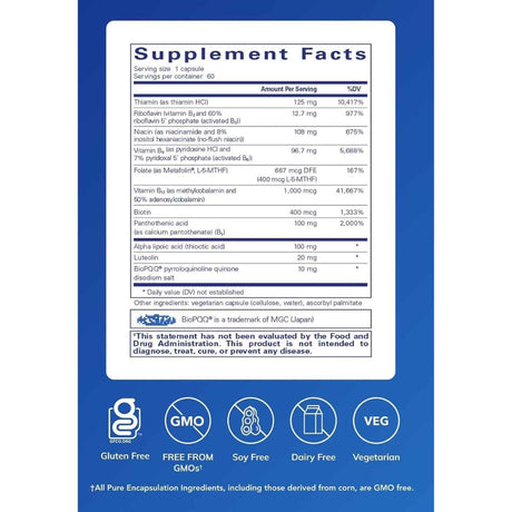 Tabla nutricional del suplemento Pure Encapsulations Complejo B Ultra con PQQ 60 Cápsulas