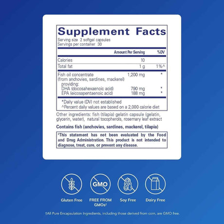 Información del suplemento Pure Encapsulations DHA Ultimate 120 cápsulas blandas