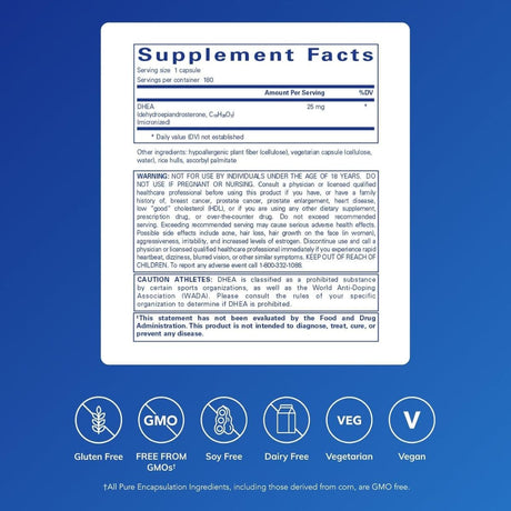 Tabla nutricional del suplemento Pure Encapsulations DHEA 25 mg 180 cápsulas