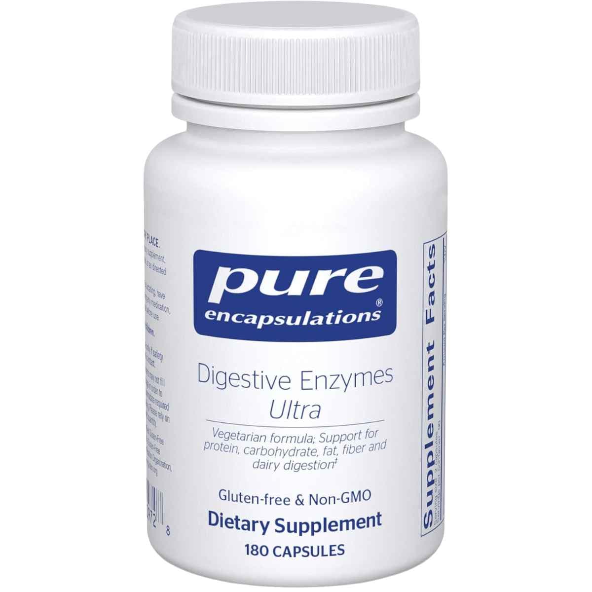 Frasco frontal de Pure Encapsulations Digestive Enzymes Ultra con 180 cápsulas.