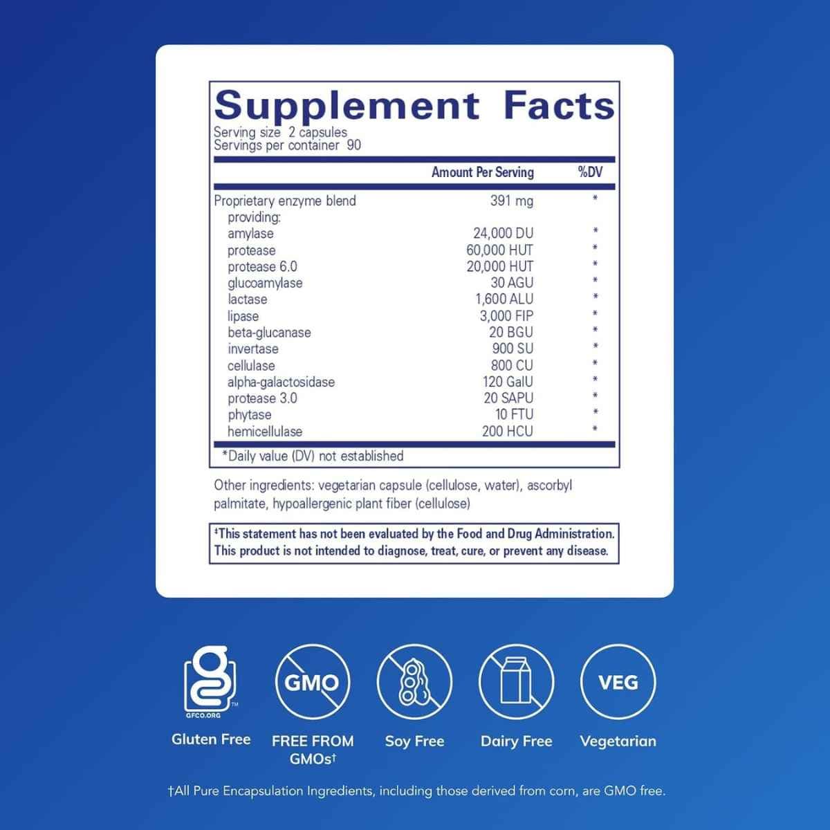 Información del suplemento de Pure Encapsulations Digestive Enzymes Ultra para 180 cápsulas.