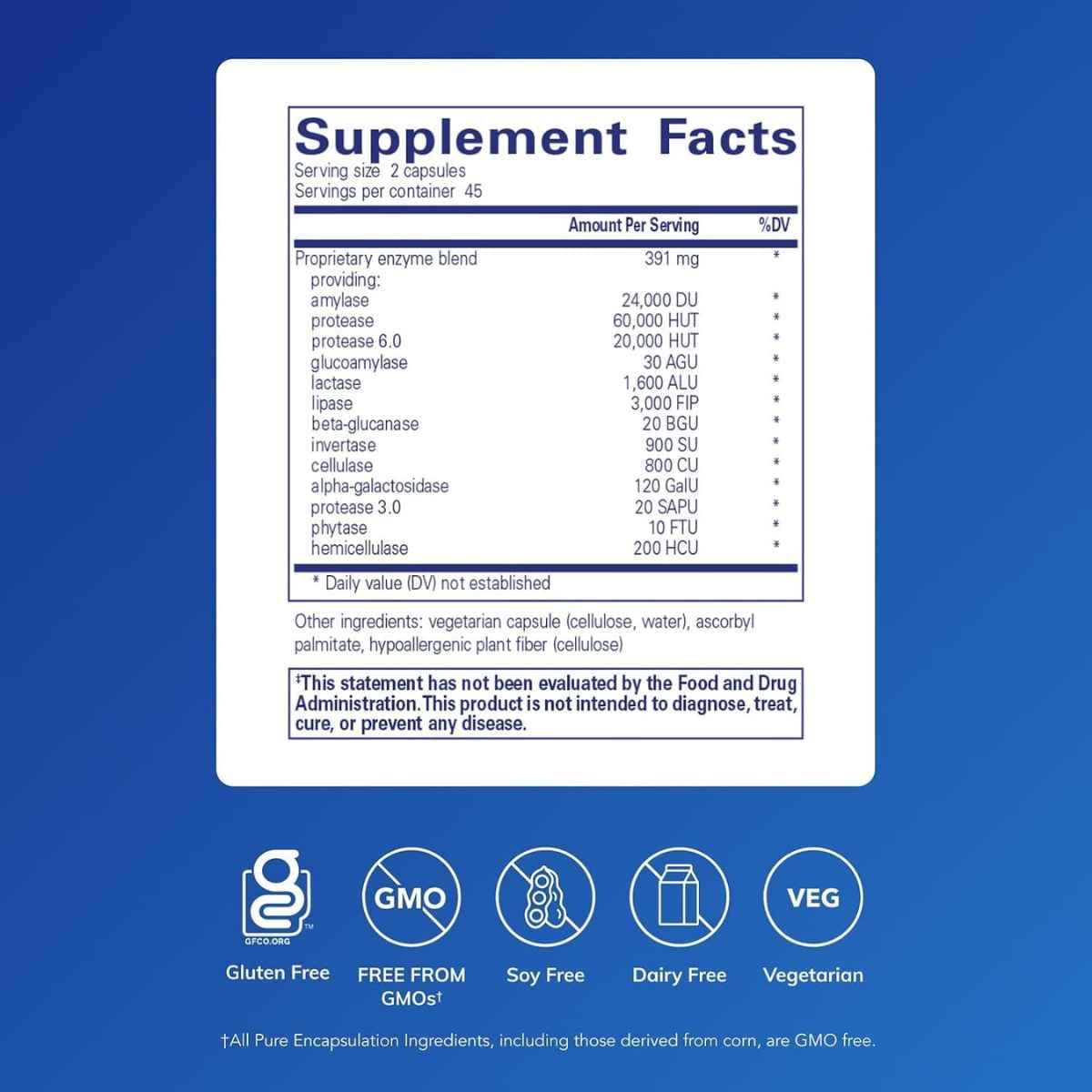 Información del suplemento de Pure Encapsulations Digestive Enzymes Ultra para 90 cápsulas.