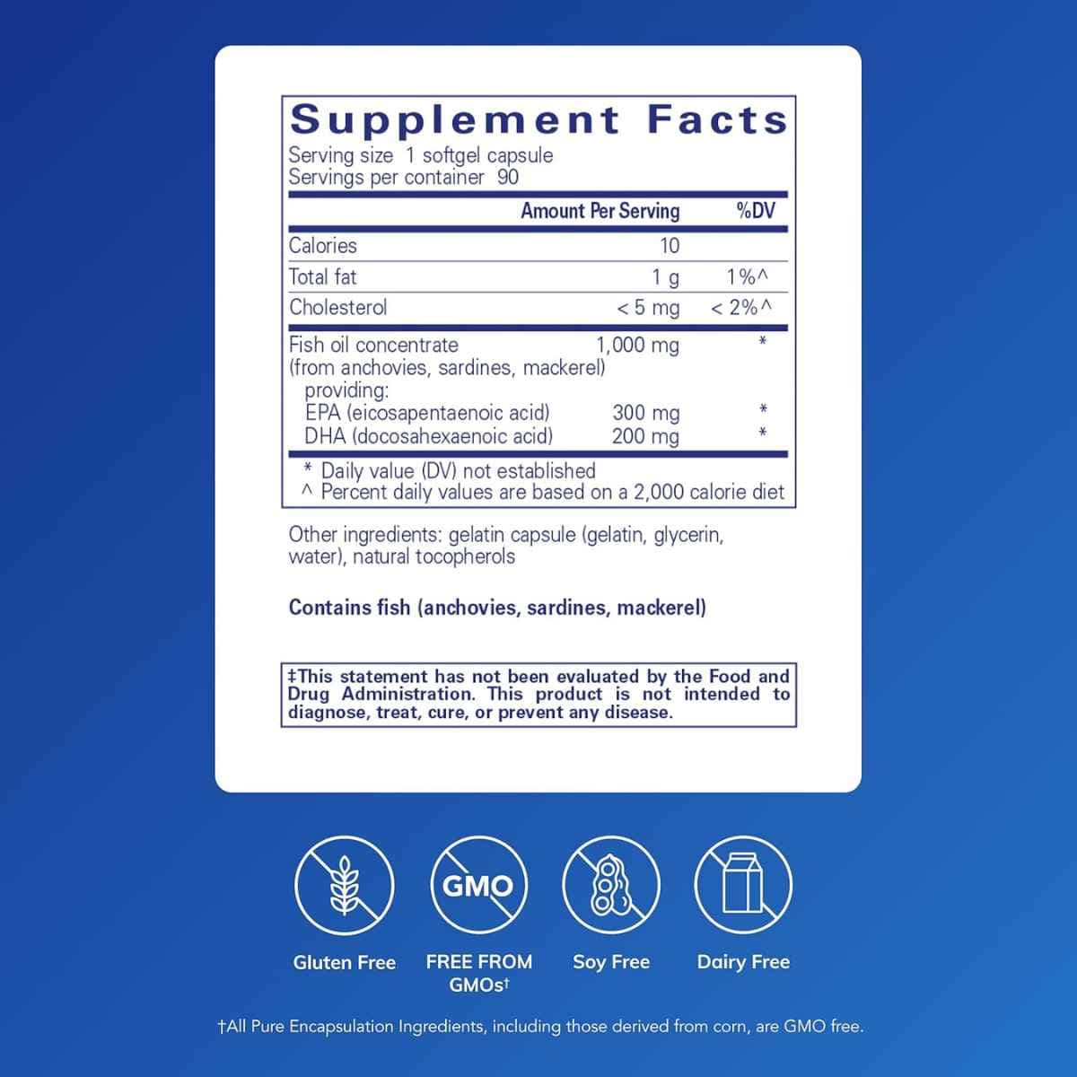 Tabla de información del suplemento Pure Encapsulations EPA/DHA Essentials, presentación de 90 cápsulas blandas
