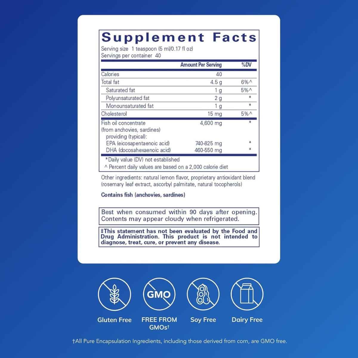 Información del suplemento Pure Encapsulations EPA DHA líquido omega 3 200 ml