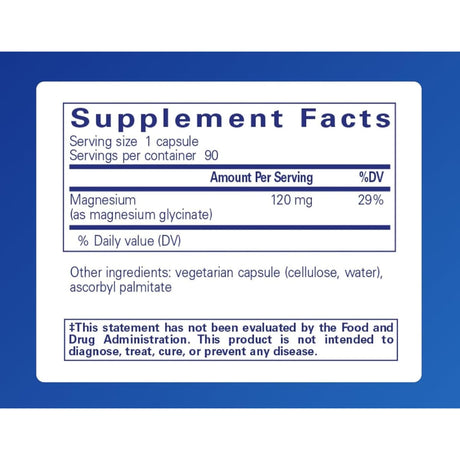 Información del suplemento de Pure Encapsulations glicinato de magnesio 120 mg, presentación de 180 cápsulas