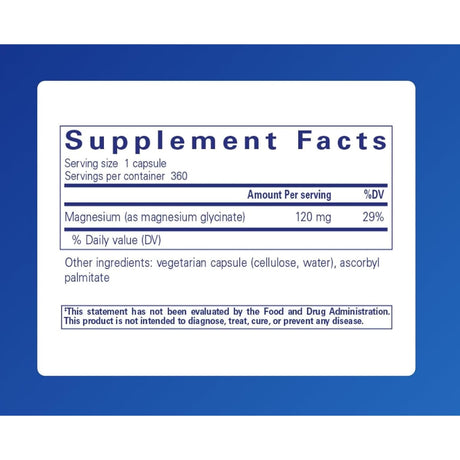 Información del suplemento de Pure Encapsulations glicinato de magnesio 120 mg, presentación de 360 cápsulas